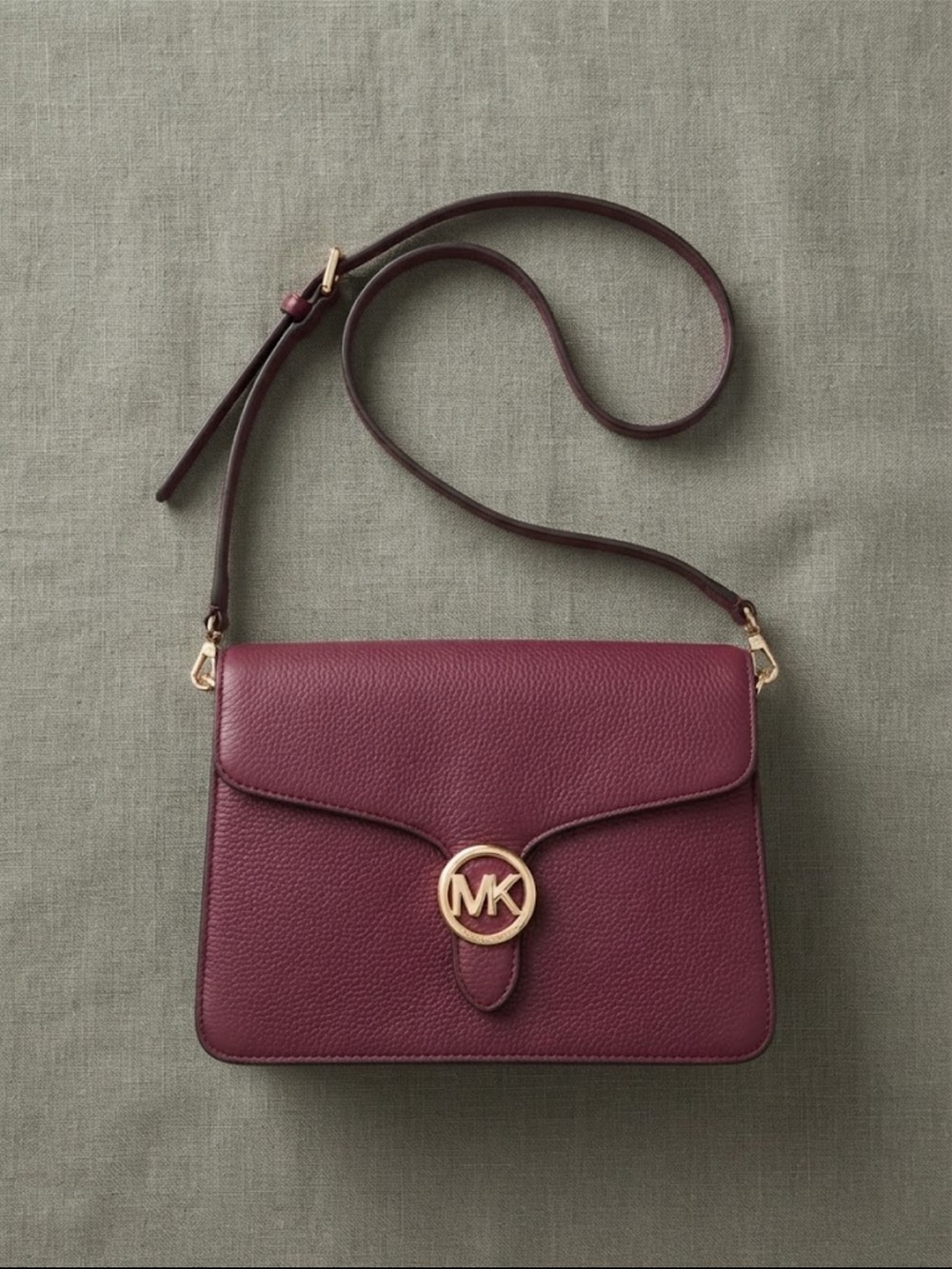Michael Kors Plum Pebbled Leather Crossbody with Gold MK Emblem